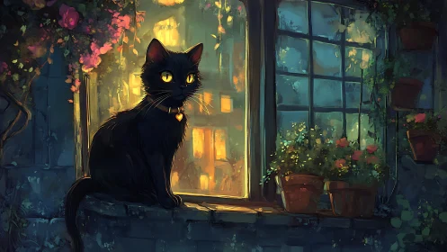 Black cat on windowsill observes interior building scene through glass