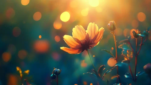 Sunlit wildflower glows amid dreamy golden bokeh background.