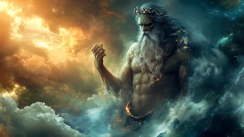 Mythic storm deity emerging from swirling cosmic clouds.