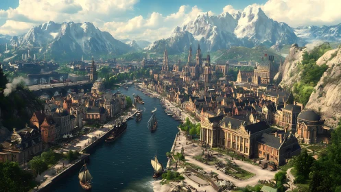 Riverside imperial cityscape beneath snowcapped mountain range.