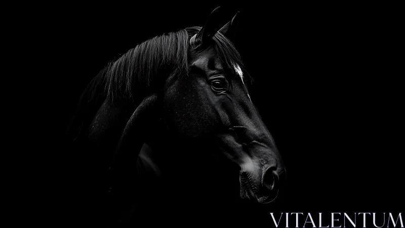 Low-key photoreal portrait of black horse in profile view