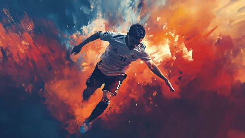 Soaring soccer player dives through bold clouds of energy