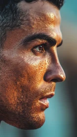 High-contrast male profile with sweat-sheened skin and sharp focus