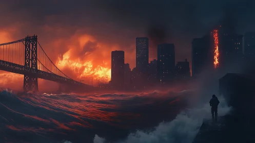 Lone watcher on a drowned skyline swallowing firestorm seas.