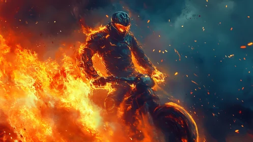 Flaming armored biker rides through a storm of blazing fire.