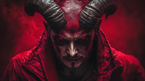 Fiery horned demon gazes forward with intense burning eyes