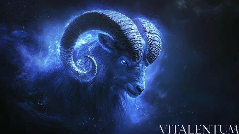 Celestial blue ram spirit emerging from cosmic nebula.