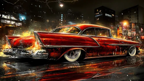 Classic red sedan with flame effects on wet city street.