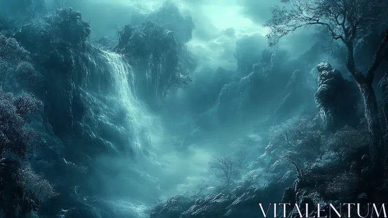 Mystic moonlit waterfall in misty fantasy canyon landscape.