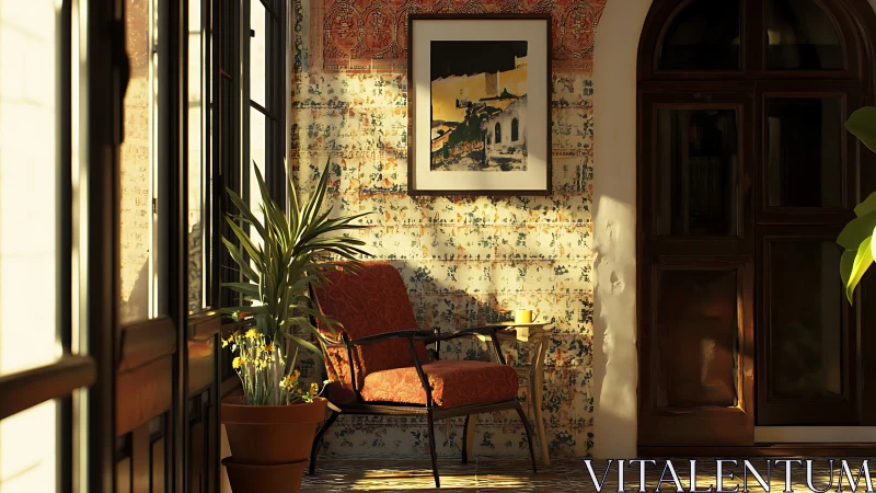 Sunlit tiled veranda nook with red lounge chair and plants