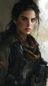 Battle-worn female operative rendered in cinematic digital realism