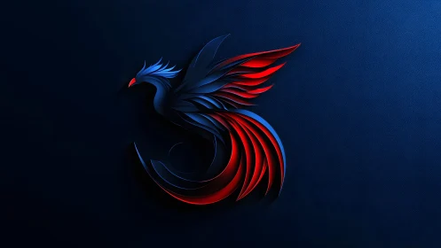 Stylized blue and red phoenix on dark textured background.