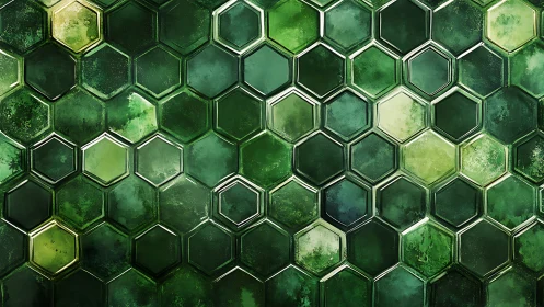 Emerald hexagon tiles form luminous geometric surface.