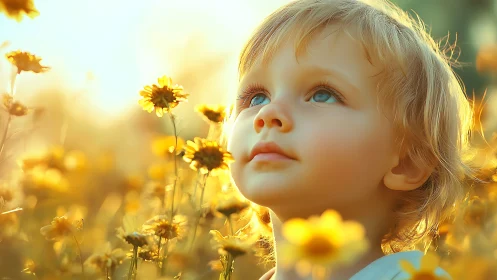 Wide-eyed Wonder Blooms: Child Lost in Golden Sunflower Dreams.