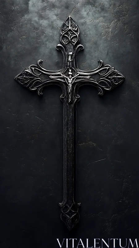 Gothic metallic crucifix with high-relief filigree detailing.