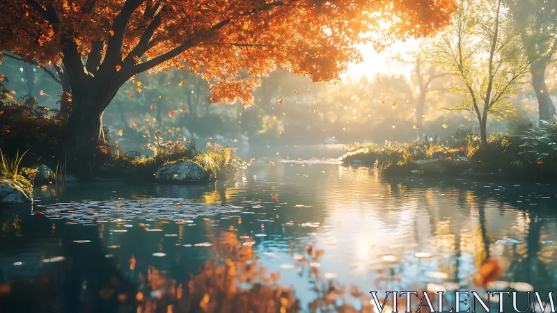 Autumn tree over reflective river under warm directional light