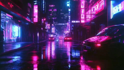 Neon soaked cyberpunk city street at night in rain.