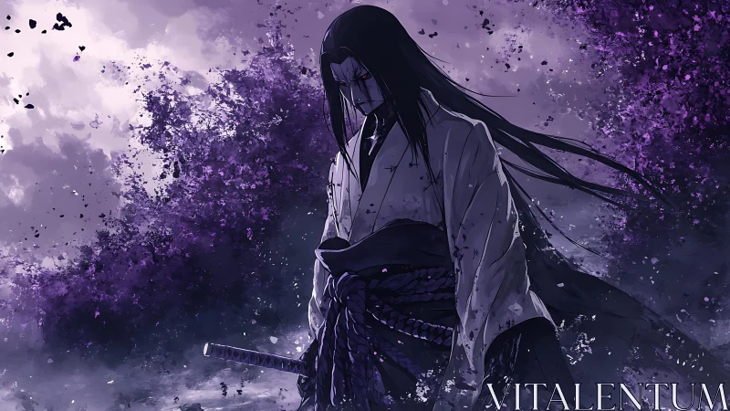 Samurai warrior stands in purple storm with dissolving cloak