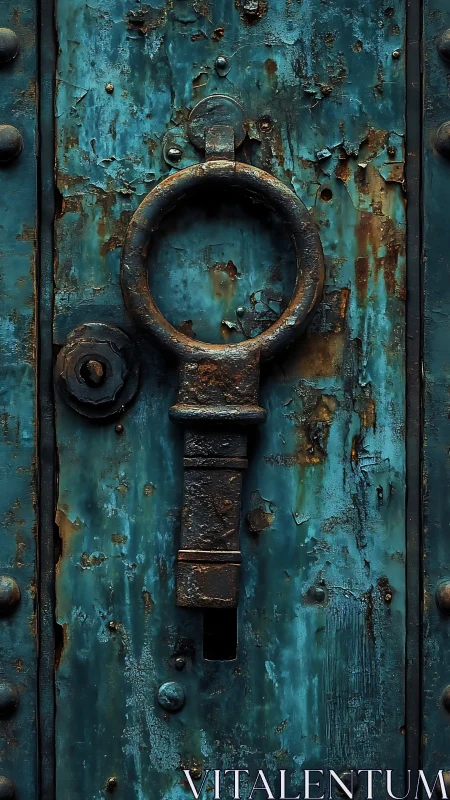 Photorealistic study of rusted ring handle on teal door.