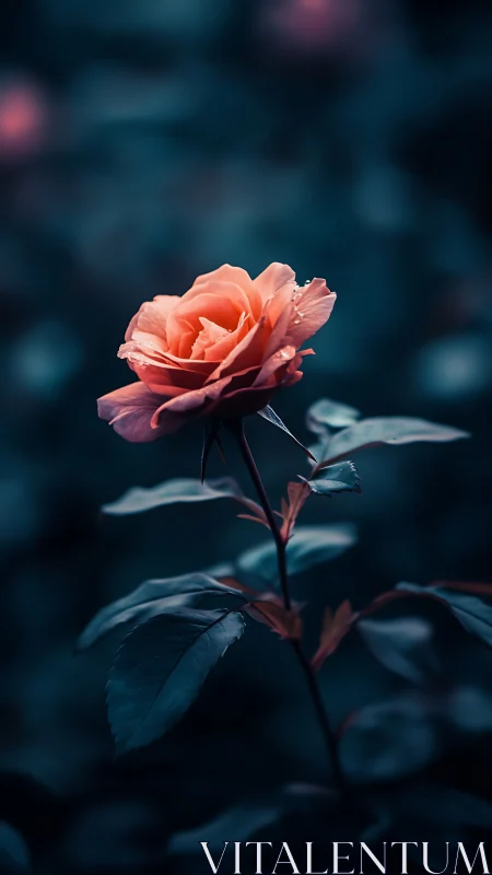 Coral Rose Against Dark Teal Bokeh. Delicate Bloom.