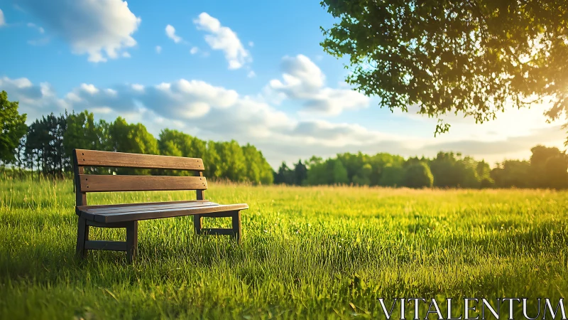 Sunlit wooden bench in expansive meadow under soft clouds.