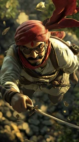 Warrior in red turban leaps forward with drawn sword