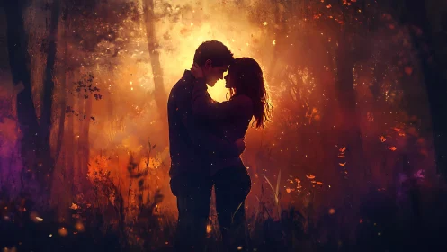 Silhouetted couple embracing in golden forest fire glow