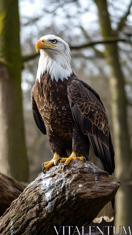 Bald eagle standing on weathered log in forest habitat.