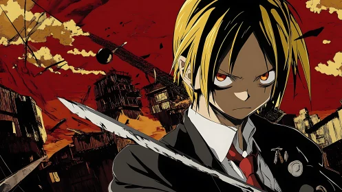 Fierce anime swordsman stands ready in a fiery ruined city