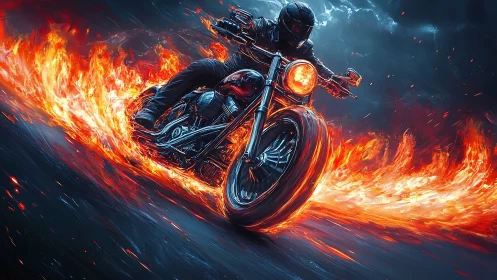 Blazing motorcycle rider cuts through night in roaring flames