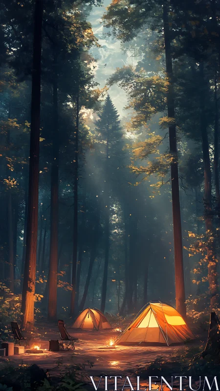 Nocturnal Forest Encampment with Bioluminescent Tent Illumination and Crepuscular Light Diffusion