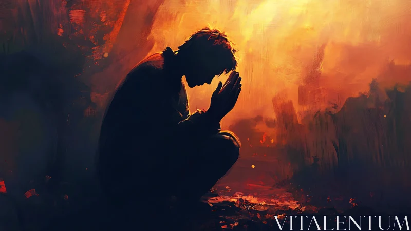 Soft ember-lit silence holds a kneeling figure in prayer