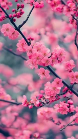 Pink blossoms bloom in profusion along dark branches.