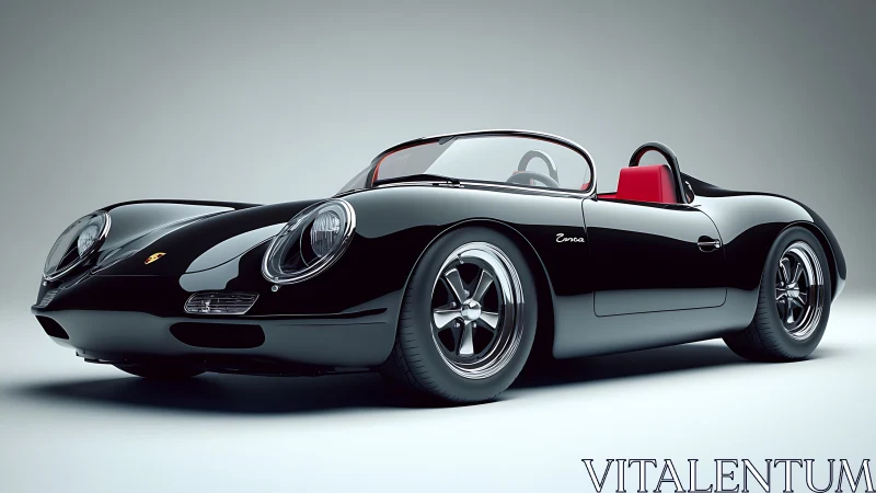 Sleek black roadster with red interior on neutral studio set.