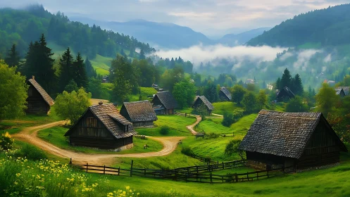 Mist-layered alpine valley with timber villages and curving tracks.