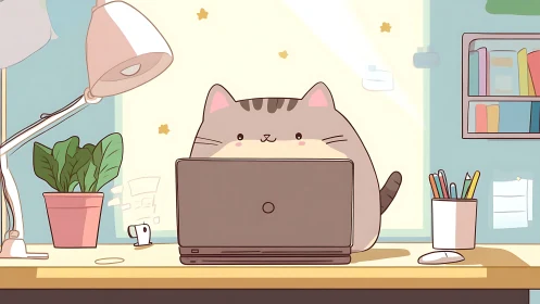 Cartoon Cat at Desk Working on Laptop in Office Room