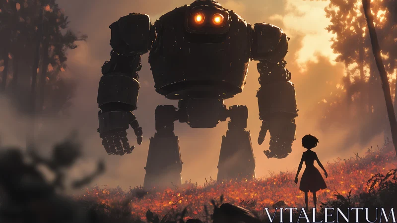 Gigantic forest robot confronts lone child at sunset