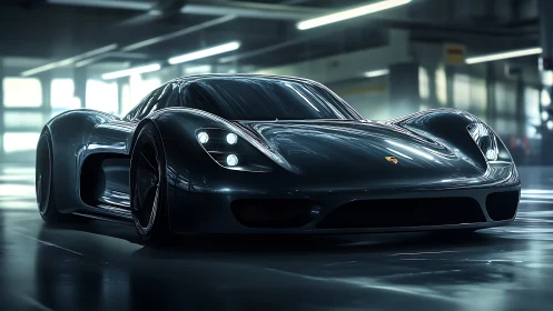 Sleek black Porsche supercar in a modern parking garage.