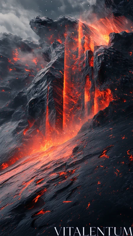 Volcanic Eruption with Glowing Lava Streams and Towering Flames