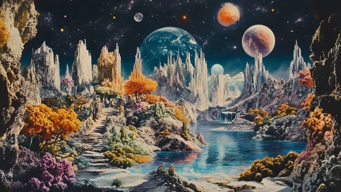 Otherworldly crystal mountains under vibrant alien skies.