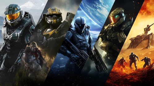 Segmented sci‑fi montage depicts armored soldiers in hostile biomes