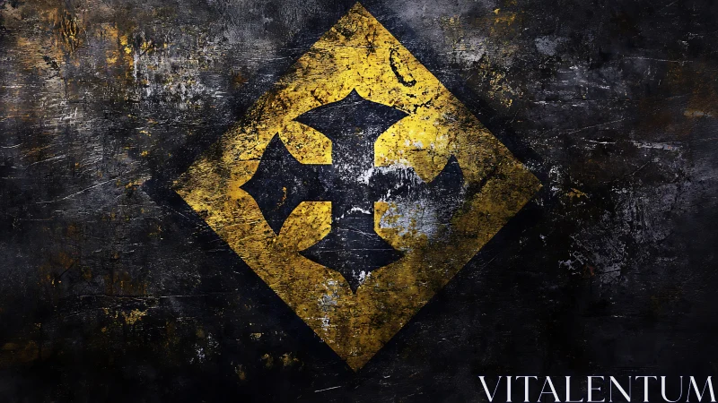 Worn yellow cross emblem glows over dark industrial metal