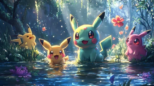 Pikachu friends play in a sparkling enchanted forest pool.