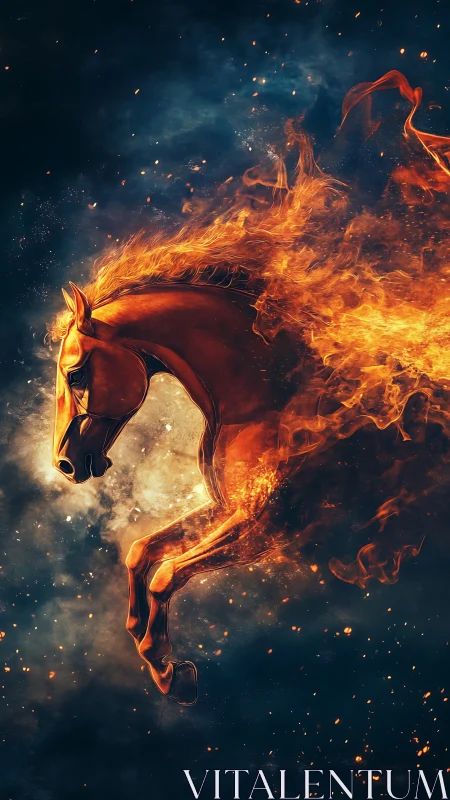 Fiery celestial horse gallops through dark cosmic void.