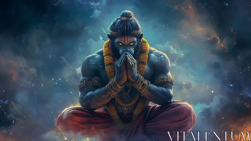 Divine warrior meditates in glowing cosmic storm clouds