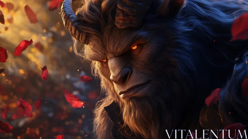 Horned beast portrait with glowing eyes framed by petals