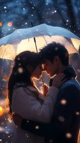 Couple Kissing Under Luminous Umbrella in Winter Snow