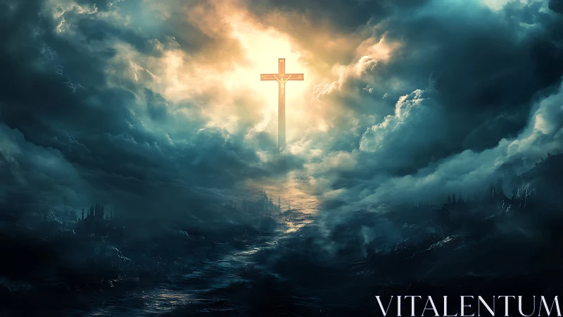Radiant cross emerges above storm-torn apocalyptic seascape.