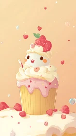 Cheerful strawberry cupcake friend in a dreamy pastel sky.