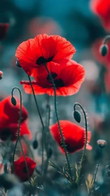 Red poppy flowers photographed with selective depth and teal background.